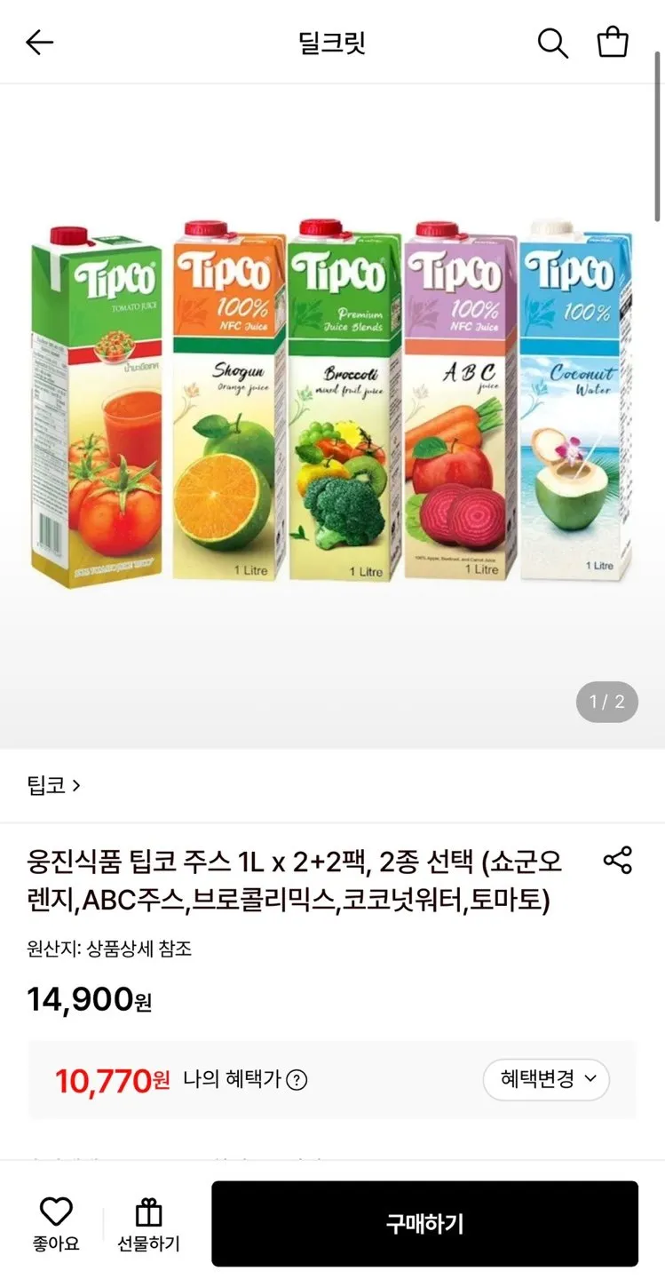 웅진식품 팁코 주스 1L x 4팩