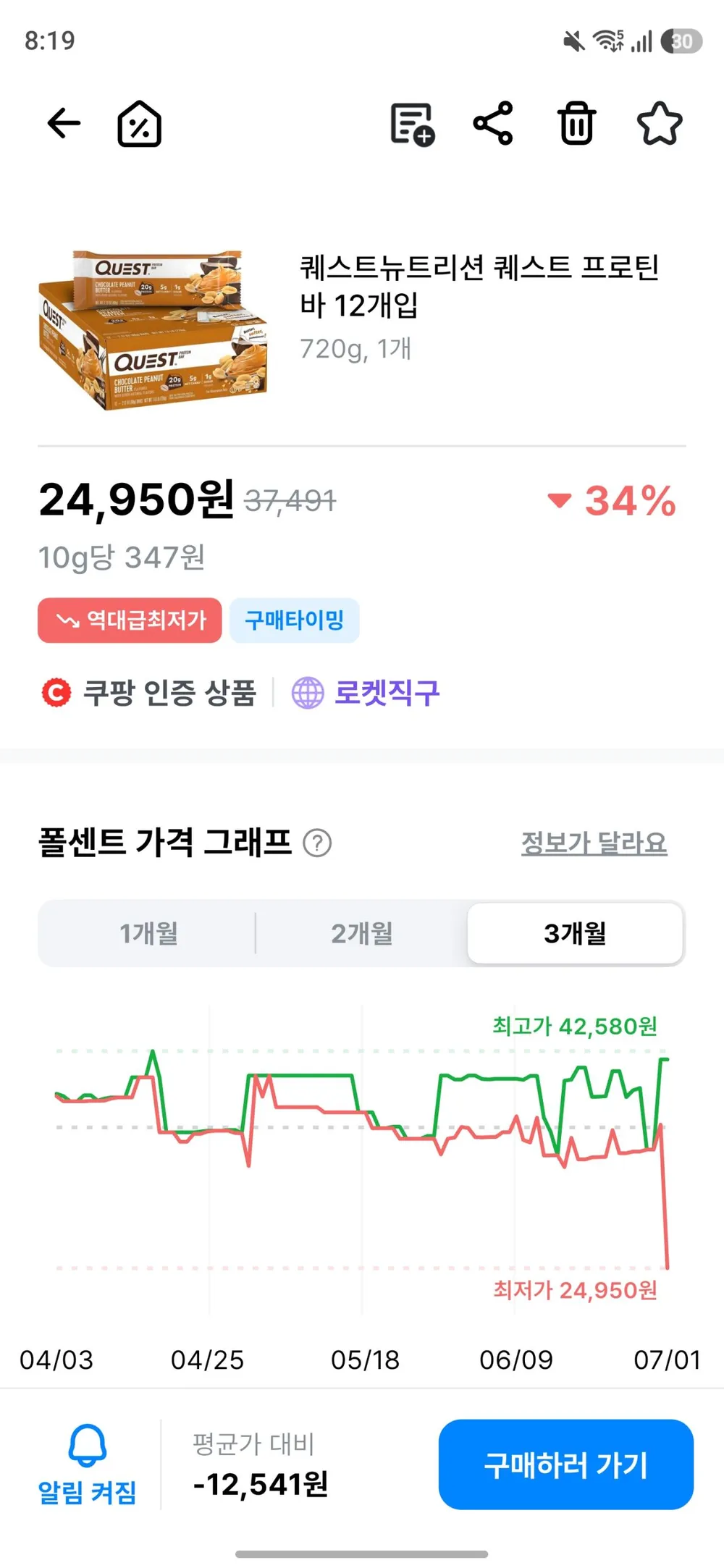 퀘스트뉴트리션 퀘스트 프로틴 바 12개입