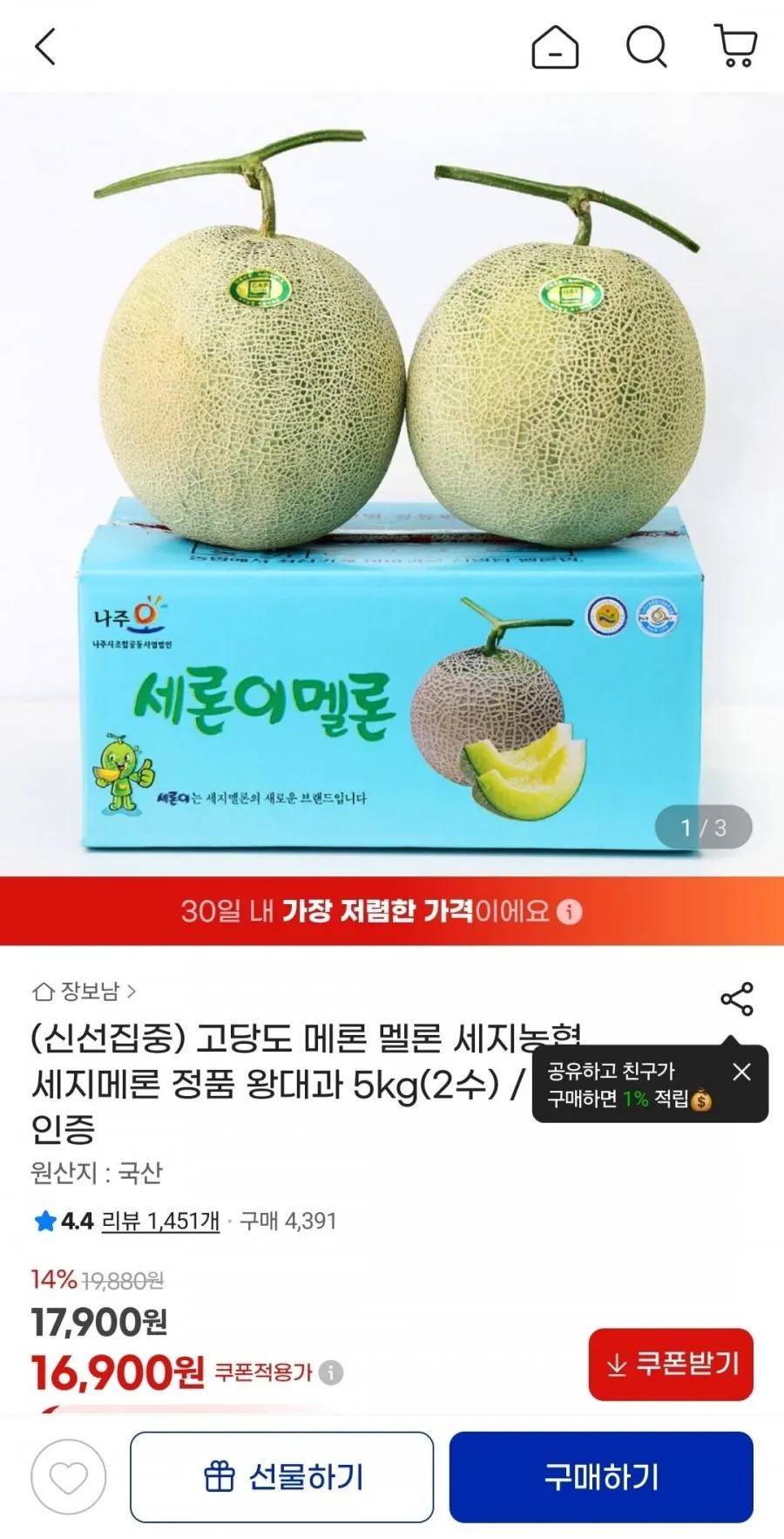 세지농협 세지메론 5kg 2수 (15브릭스이상)