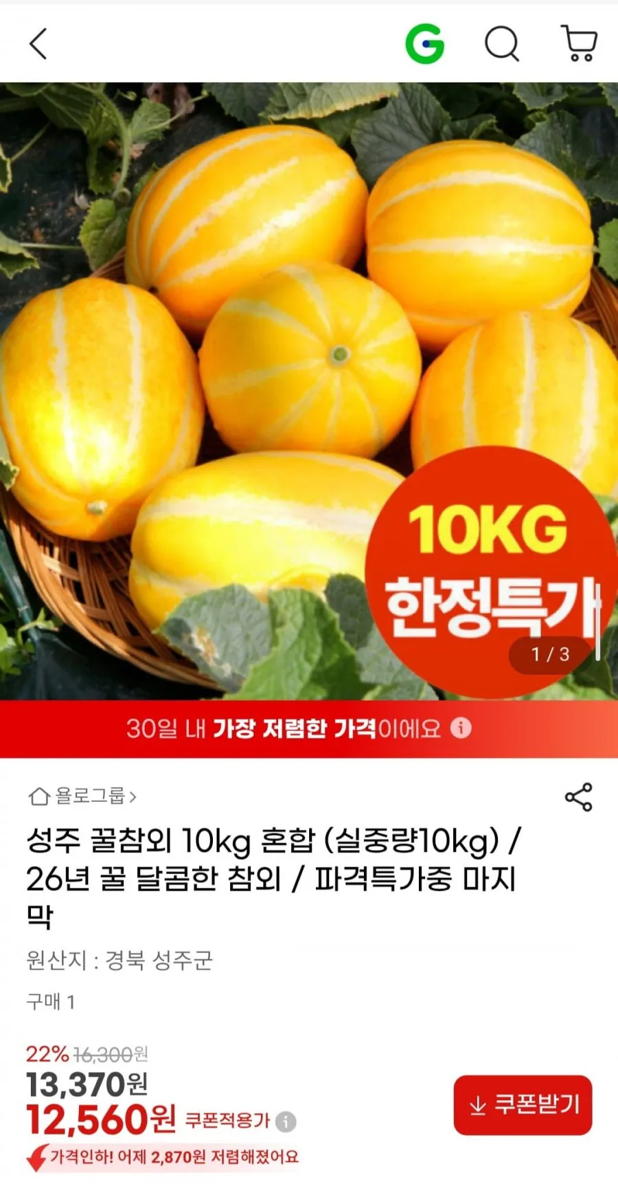 성주 꿀참외 10kg 혼합