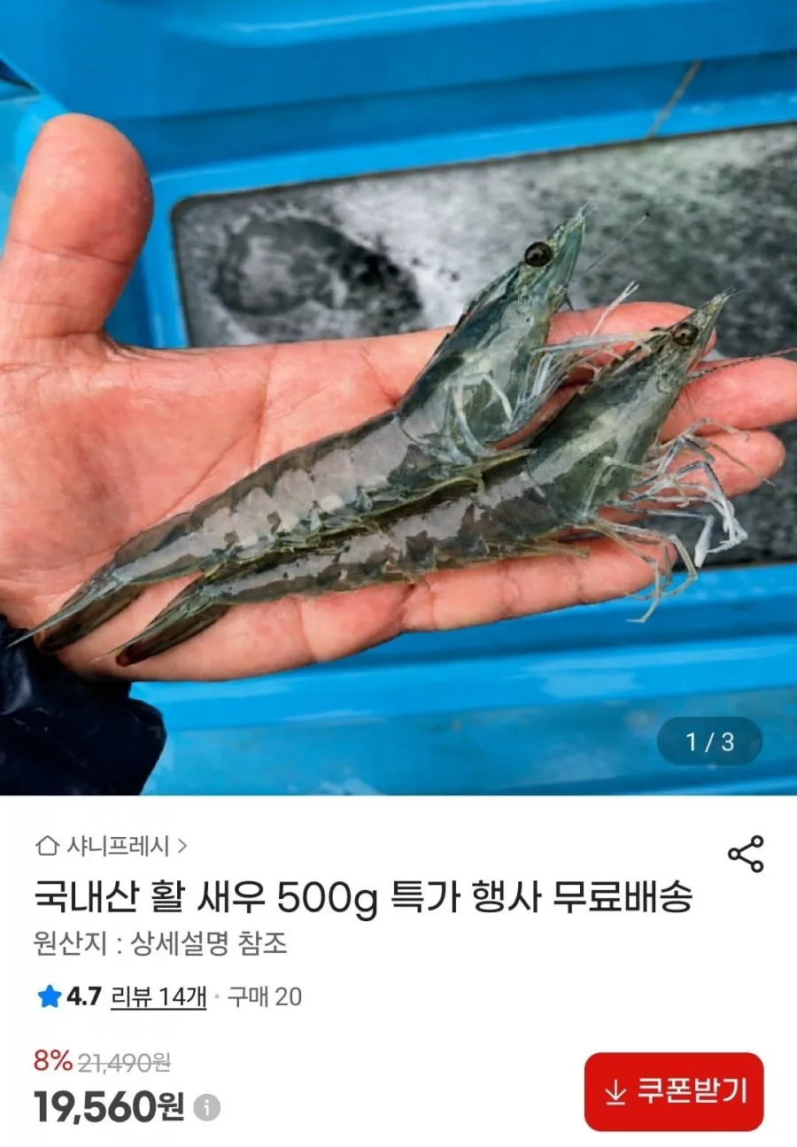 국내산 활새우 500g