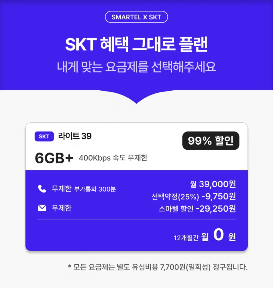 SKT 6기가 + 400kbps 무제한/ 12개월