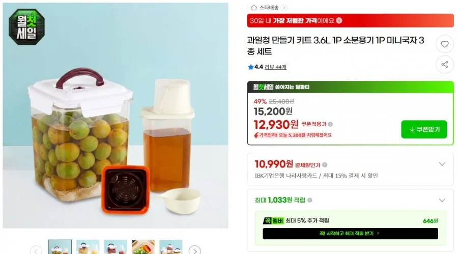 매실청 장아찌 만들기 키트 3.6L+소분용기+국자 세트
