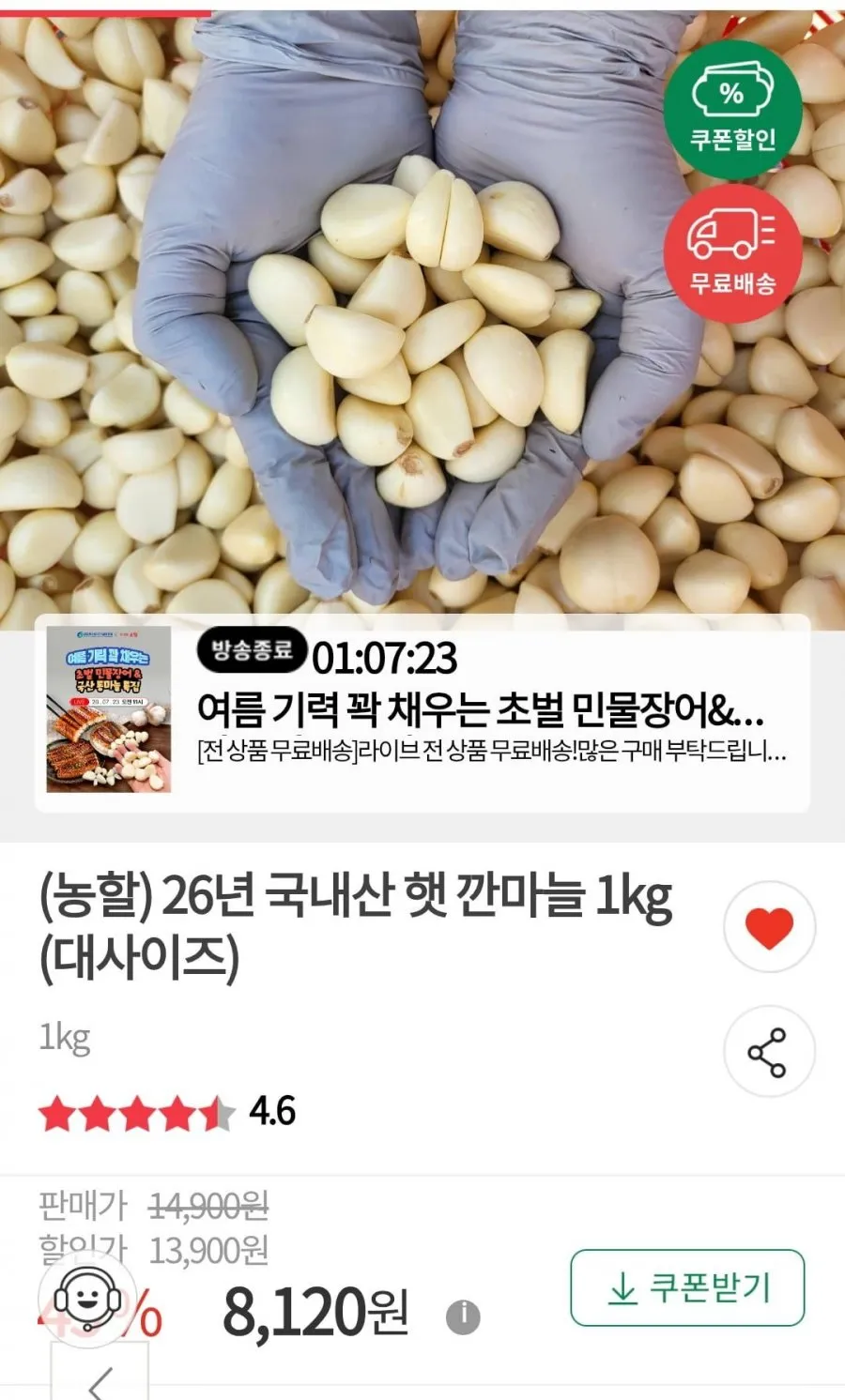 26년 국산깐마늘1kg 대사이즈