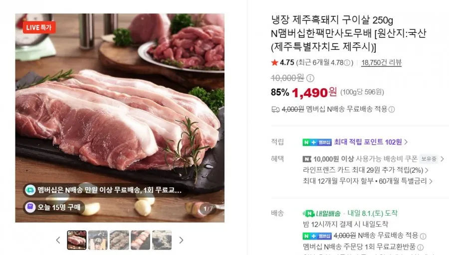 냉장 제주흑돼지 구이살 250g 1팩
