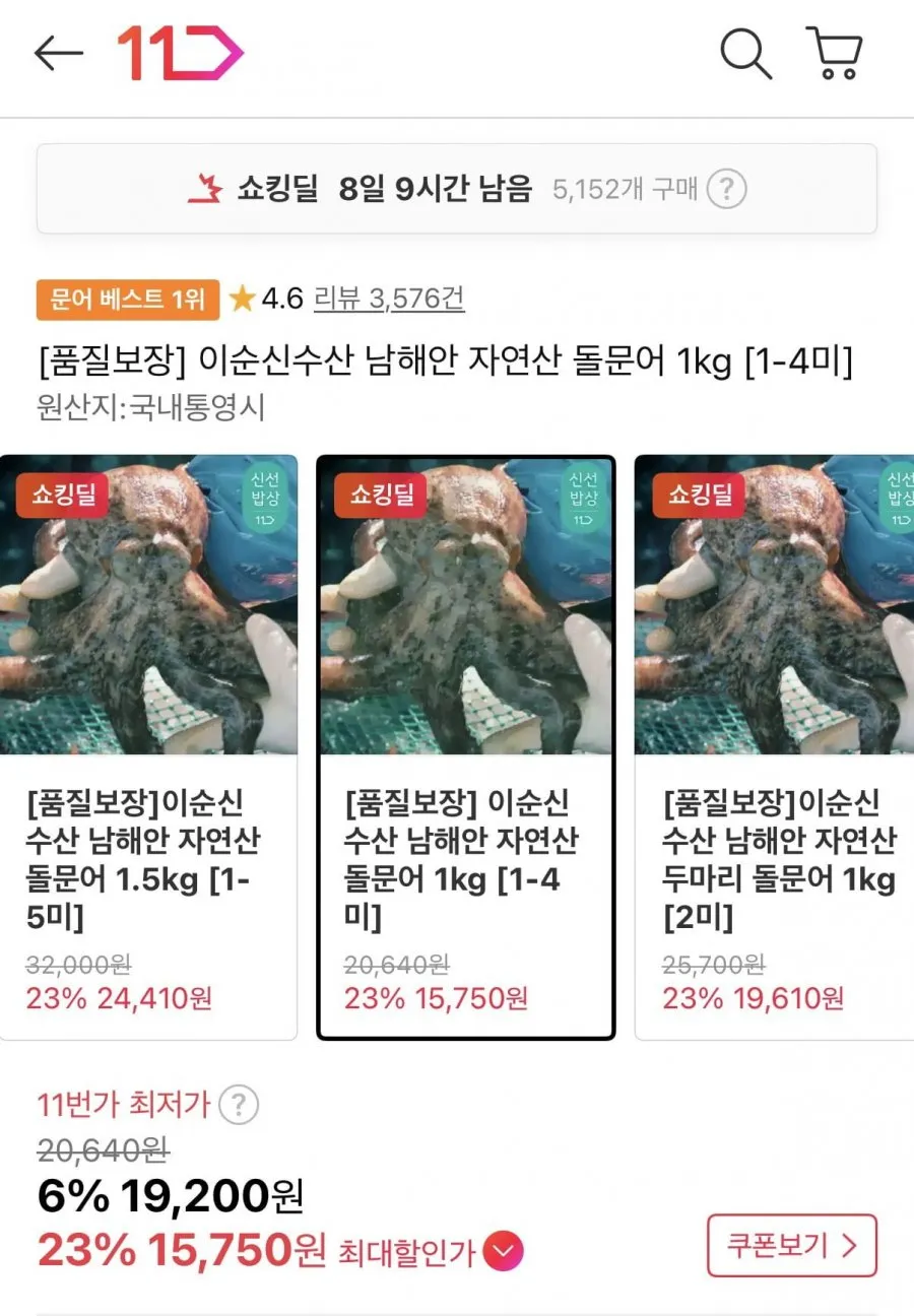 이순신수산 남해안 자연산 돌문어 1kg(1-4미)