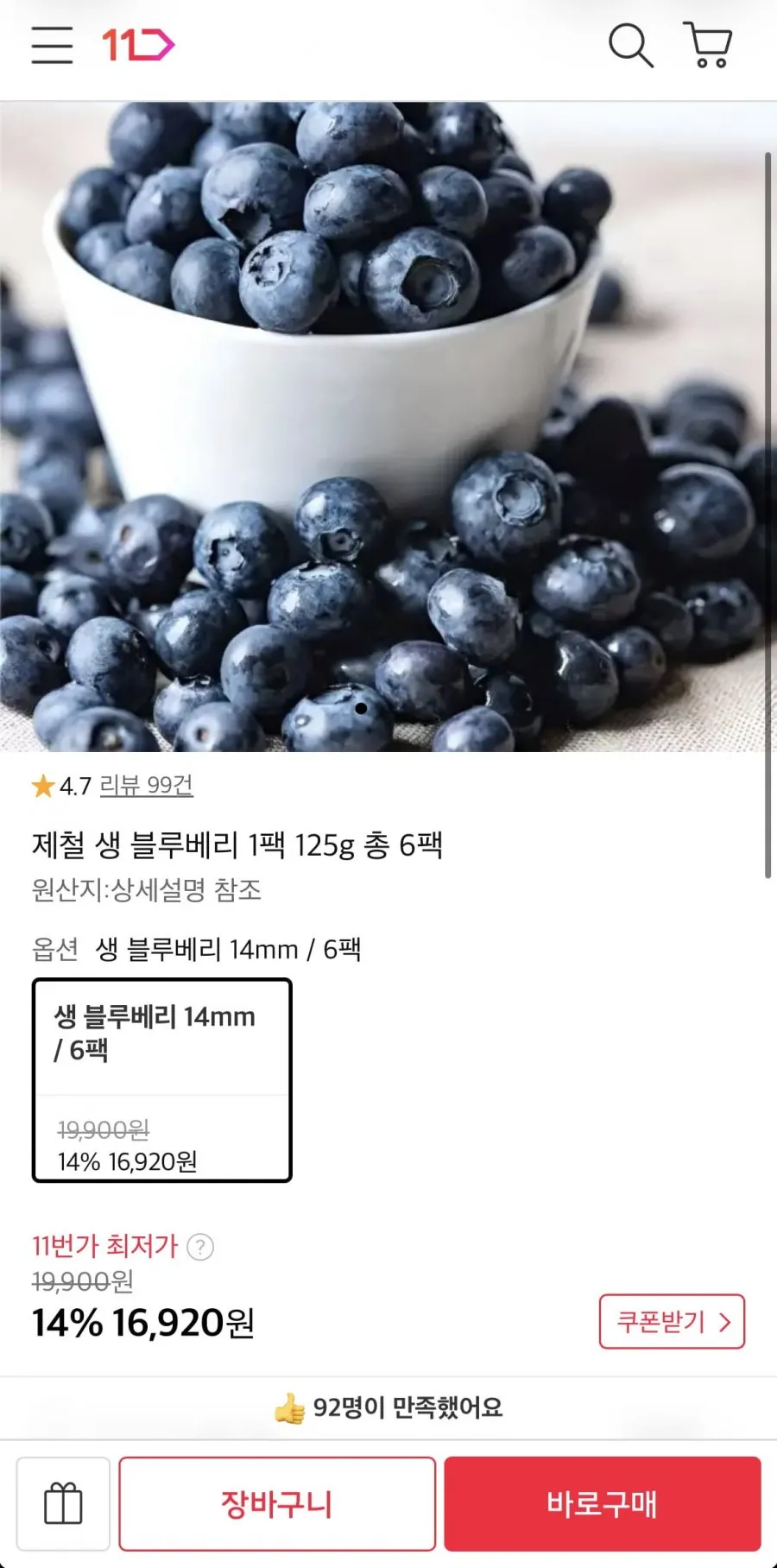 생 블루베리 125g 6팩