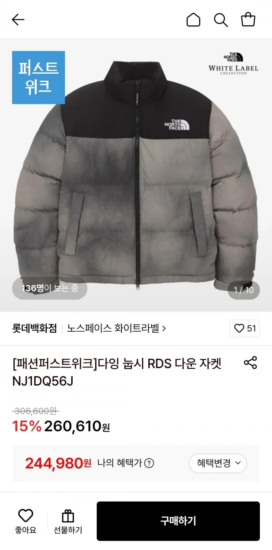 노스페이스 다잉 눕시 RDS 다운 자켓