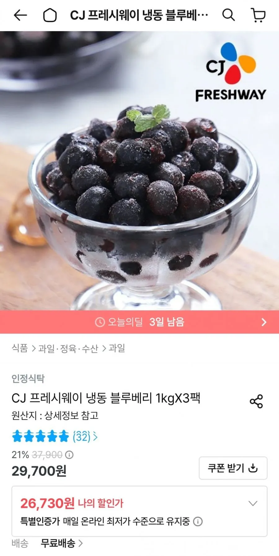 CJ프레시웨이 냉동 블루베리 1kgX3팩