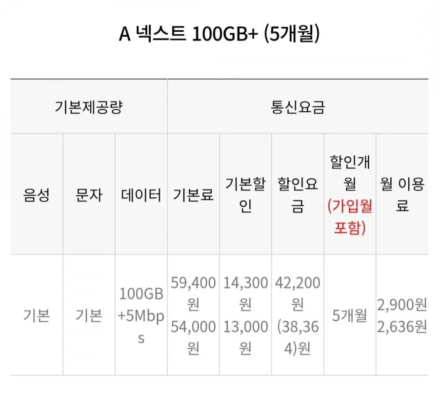skt망 알뜰요금제 데이터 100기가+5M