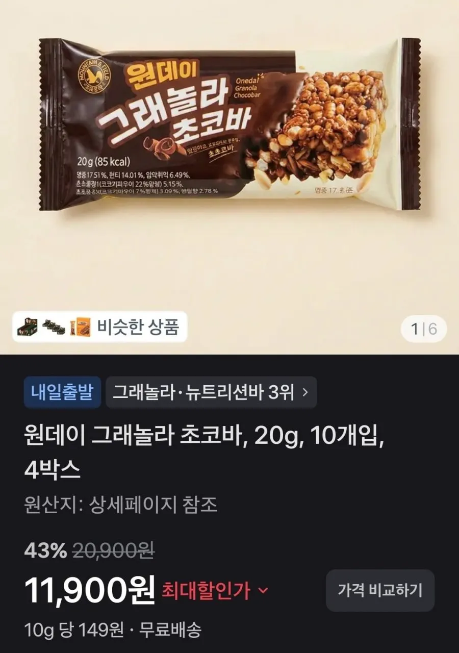 산과들에 원데이 그래놀라 초코바, 20g, 10개입, 4박스