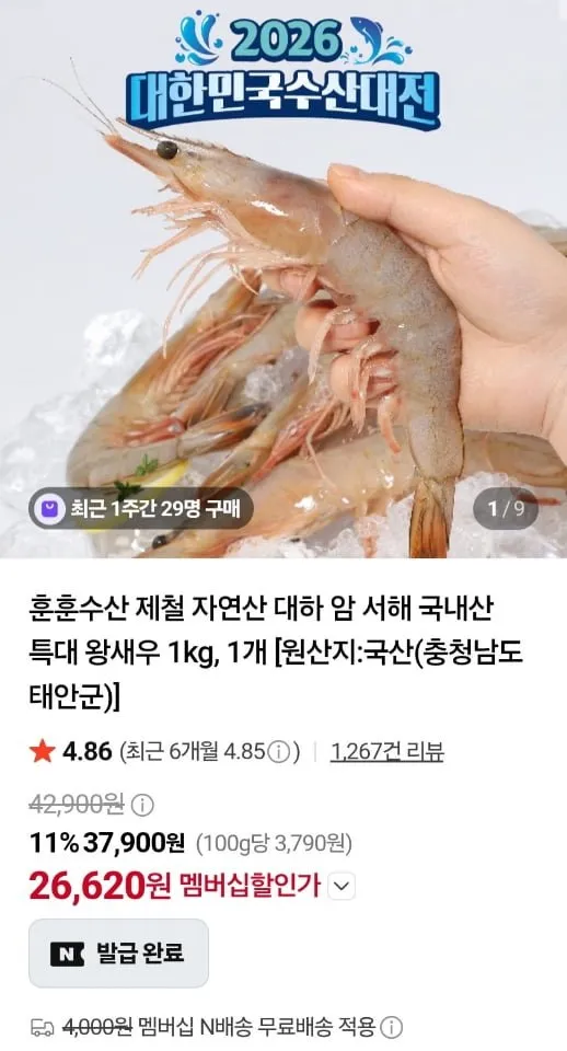 서해 급냉 자연산 암대하 1kg 15미내외