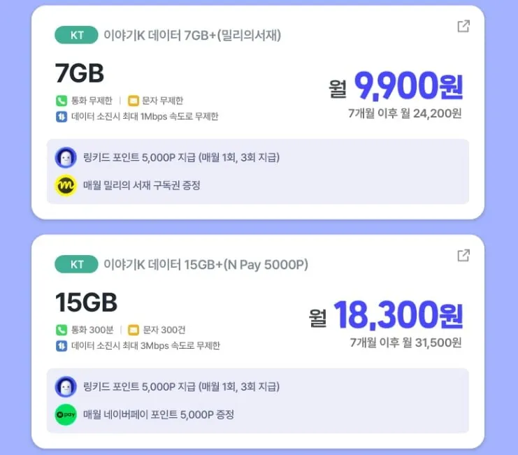 7기가7개월 9900원 밀리+링키드(ai,ott공유)쿠폰