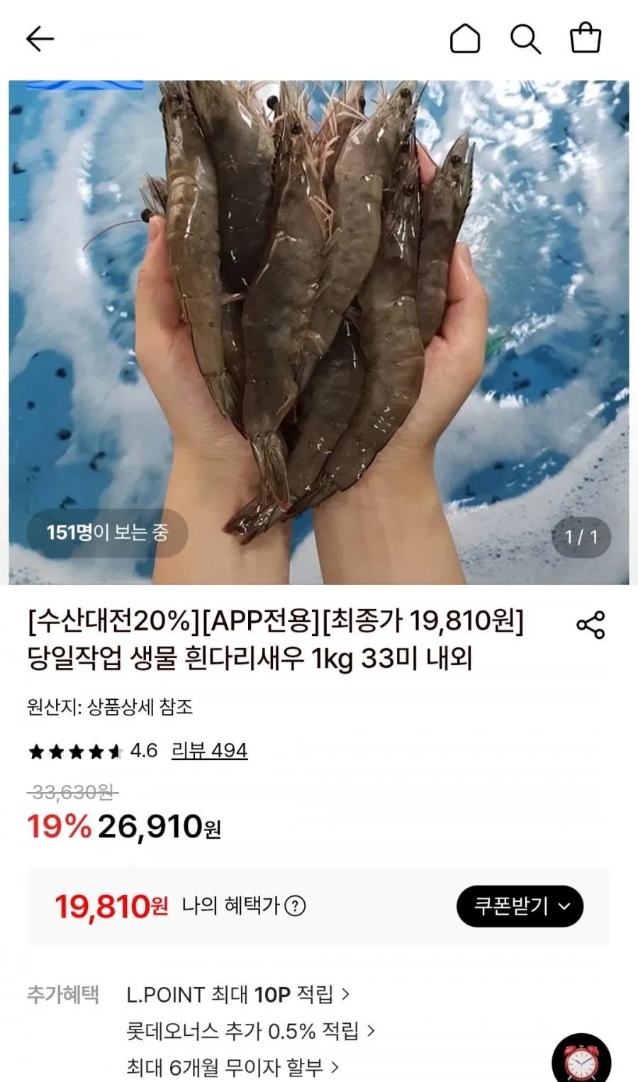 당일작업 활 흰다리새우 1kg