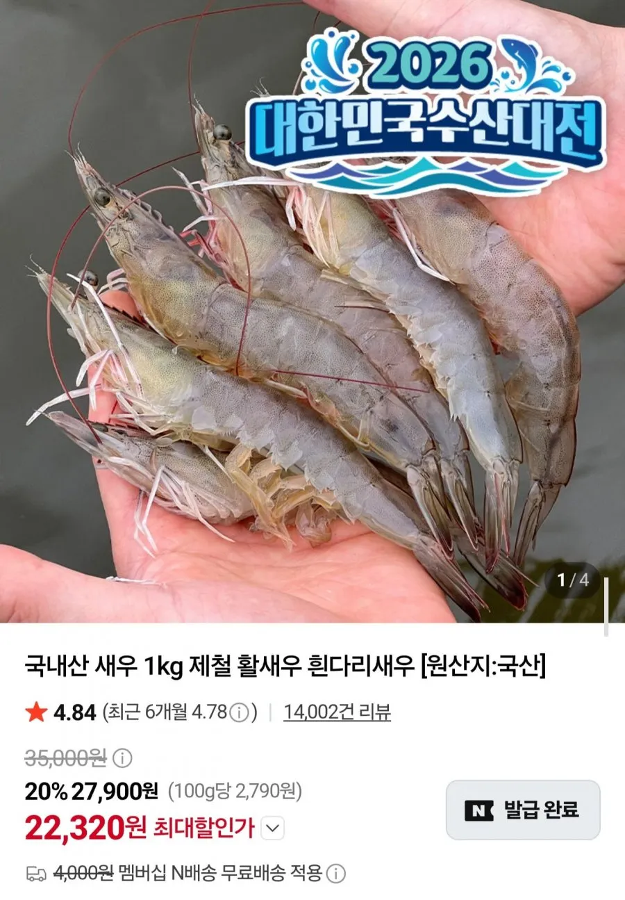 신안 산지직송 활새우 1kg 36미 내외