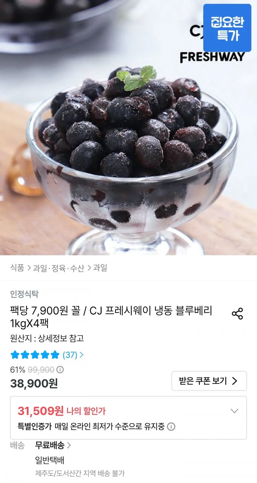 냉동 블루베리 1kg 4팩