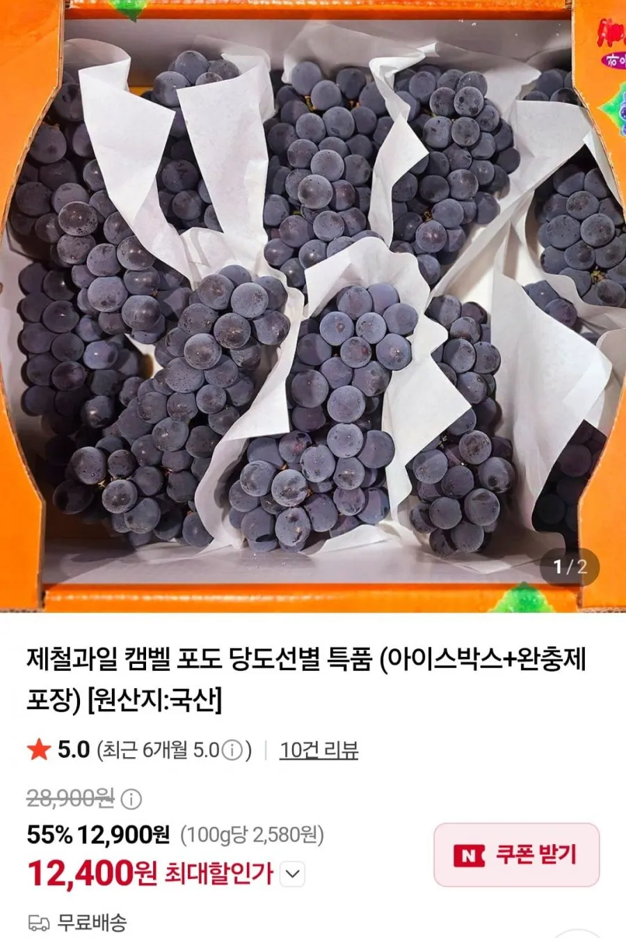 캠벨 포도 당도선별 특품 1kg 3~5수 (아이스박스+완충제 포장)