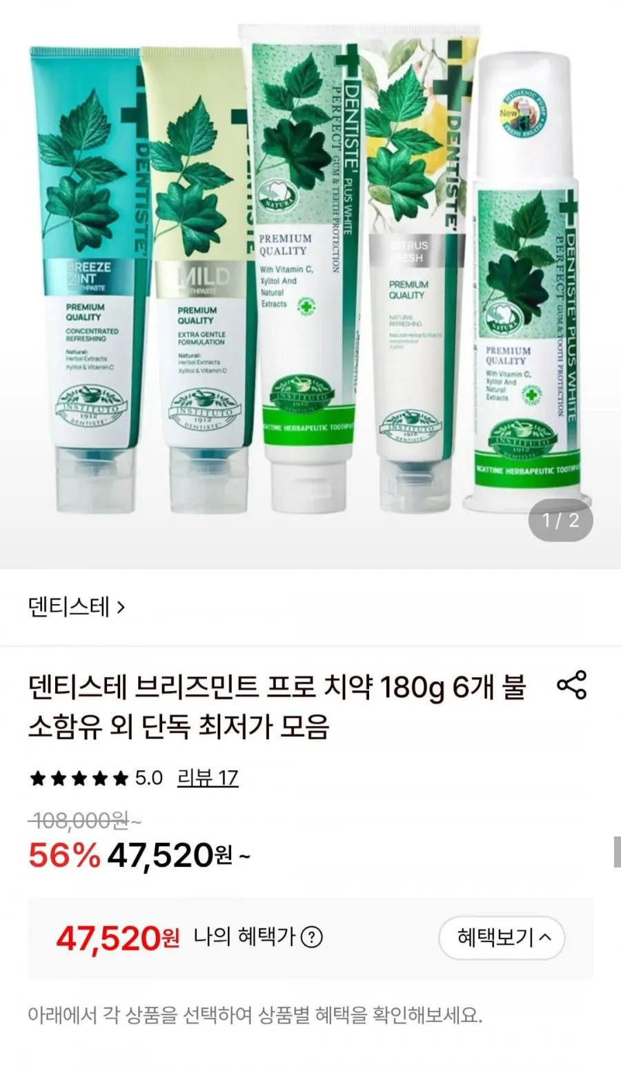덴티스테 브리즈민트 프로 치약 180g 5개+슬림핏 칫솔