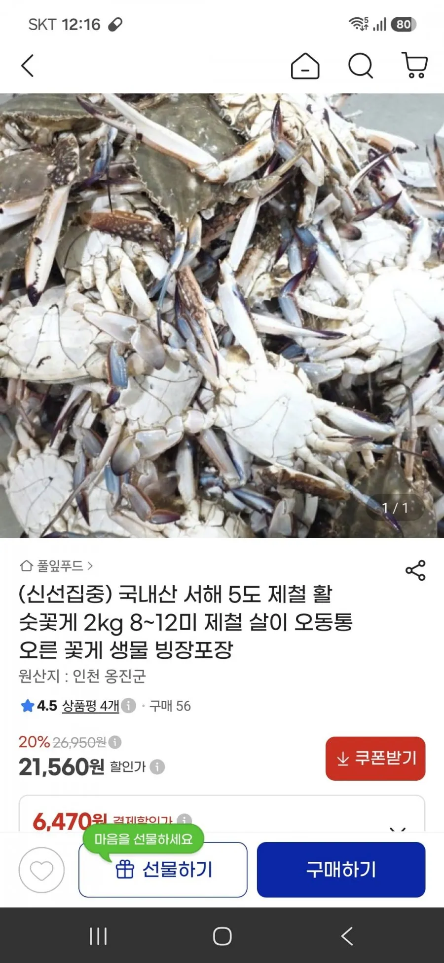 (신선집중)국내산 서해 5도 제철 활 숫꽃게 2kg 8~12미