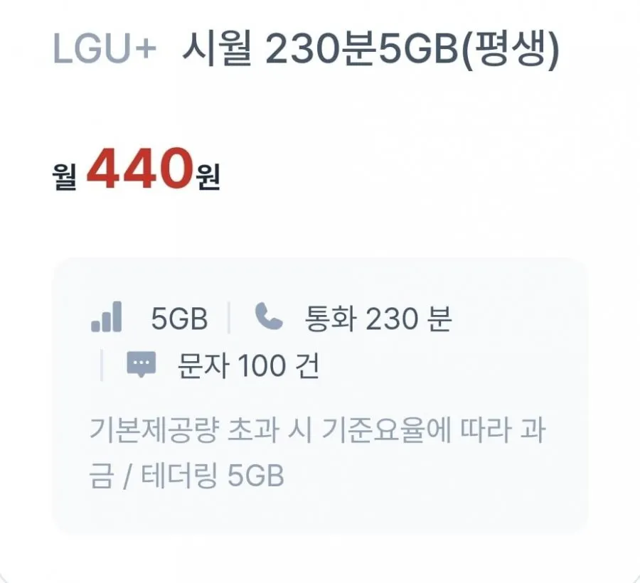 통화 230분, 데이터 5GB