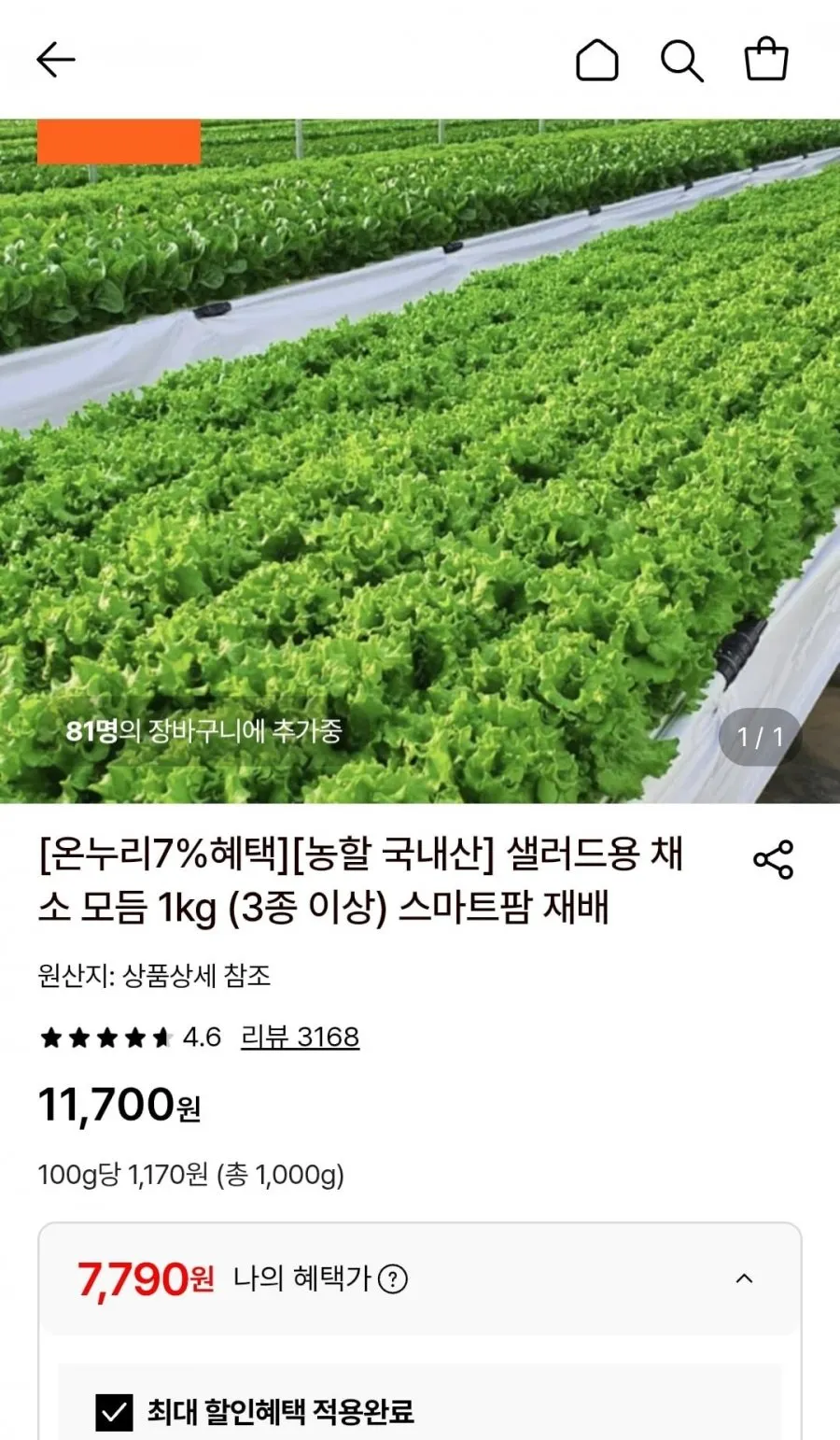 국내산 샐러드용 채소 모듬 1kg (3종 이상)