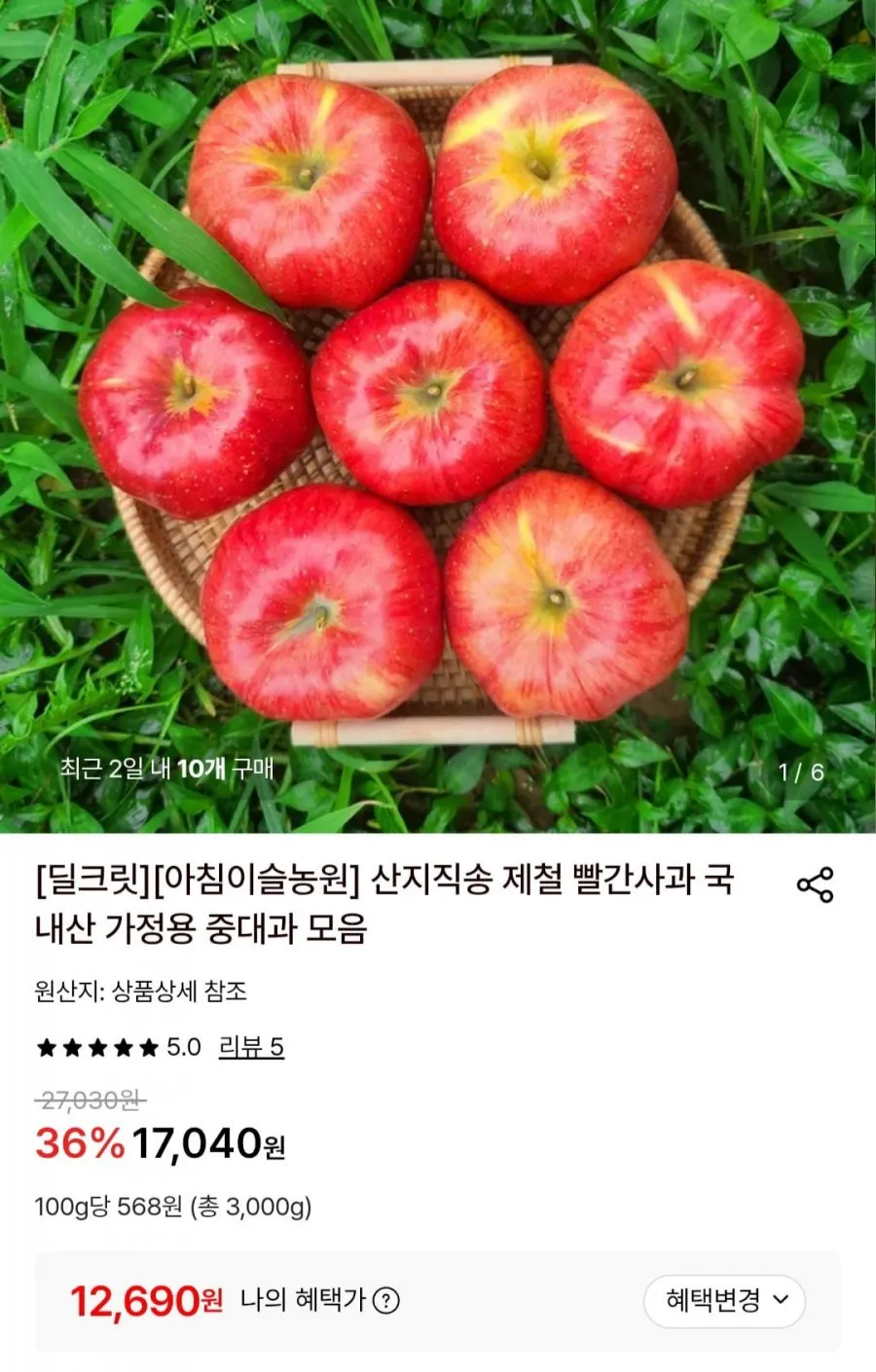 국내산 빨간사과 3kg 중대과(5-14과 내외)