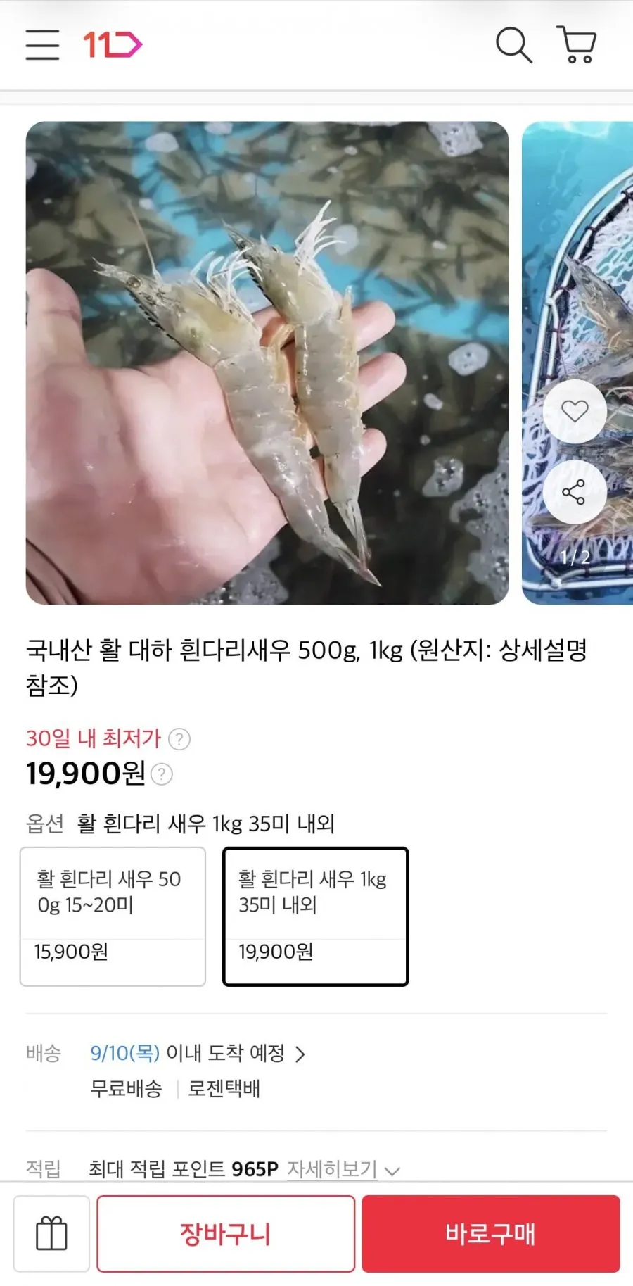 국내산 활 흰다리새우 1kg