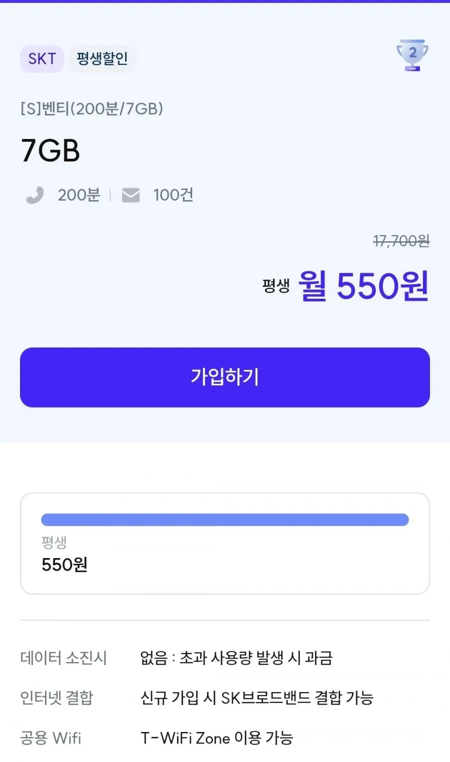 통화 200분, 데이터 7GB