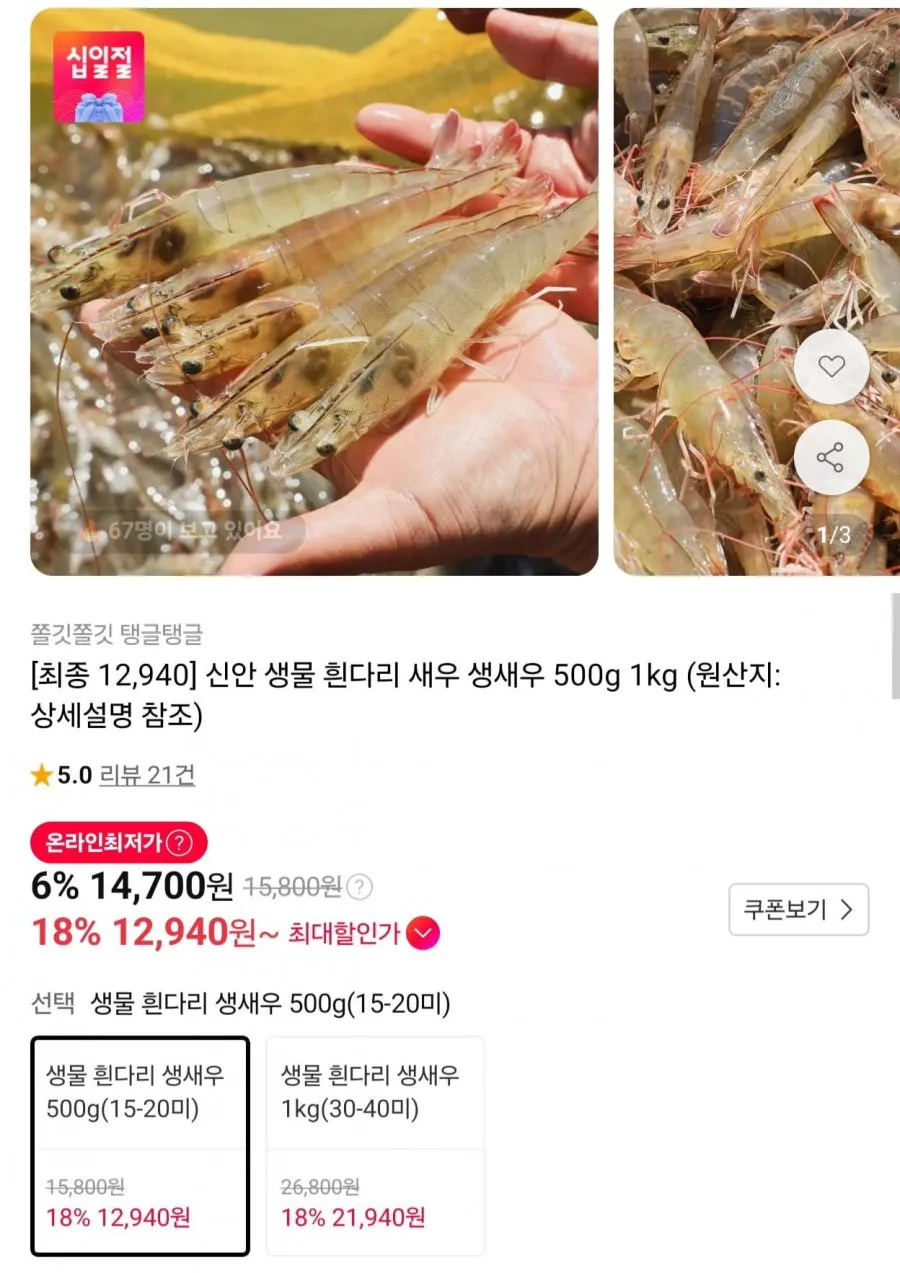 신안 생물 흰다리 새우 500g(15-20미)