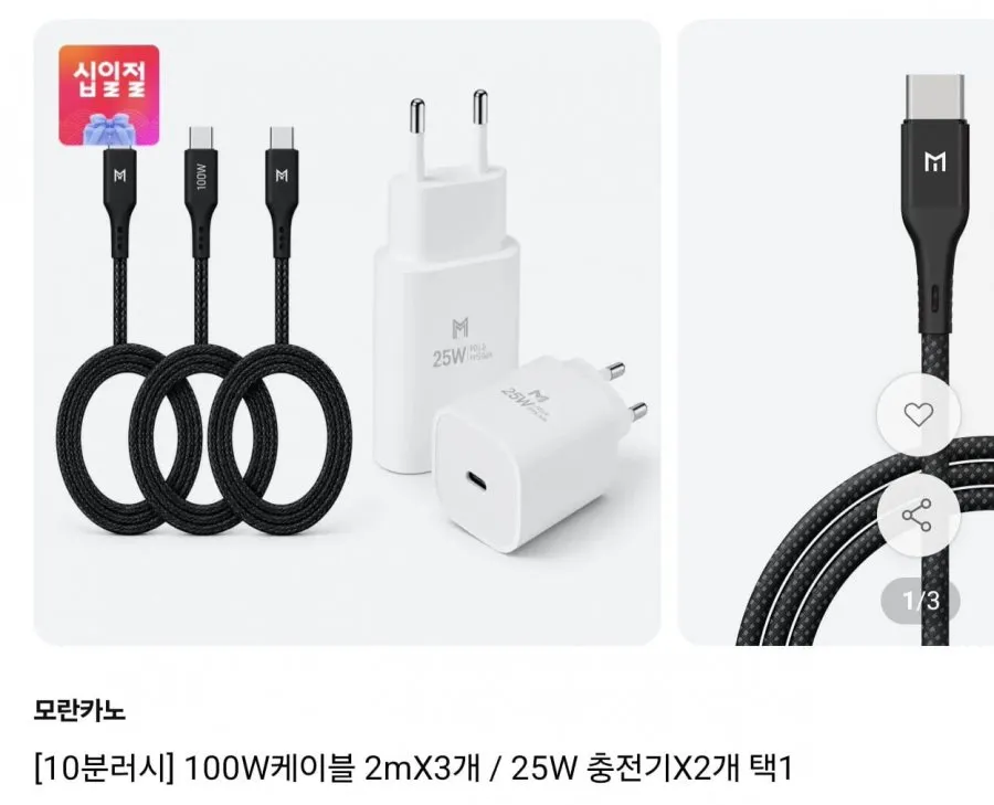10분러시 모란카노 100W C타입 케이블 2M 3개 / 25W PD 충전기 2개