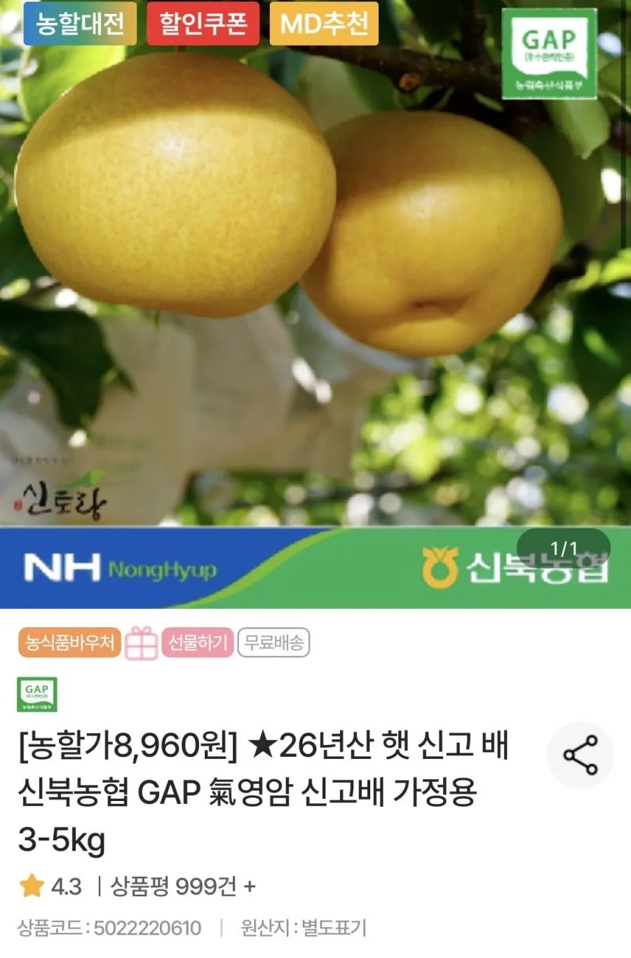 신북농협 GAP 영암 신고배 가정용 3kg 중소과