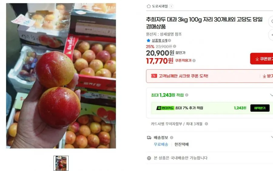 추희자두 대과 3kg 100g급 30개 내외 고당도 (17,700원