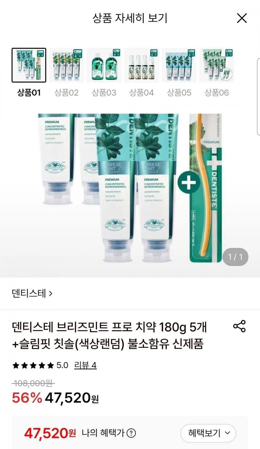 덴티스테 브리즈민트 프로 치약 180g 5개+슬림핏 칫솔