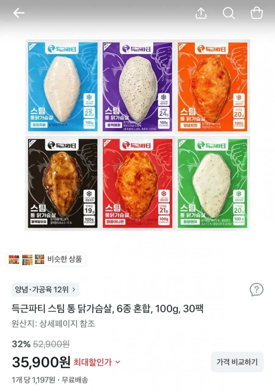 득근파티 스팀 통 닭가슴살 6종 혼합 100g 30팩