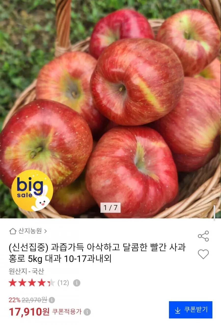 국내산 홍로 사과 5kg 대과