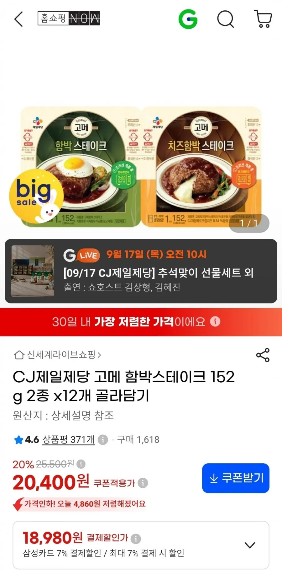 CJ제일제당 고메 함박스테이크 152g 2종 x12개