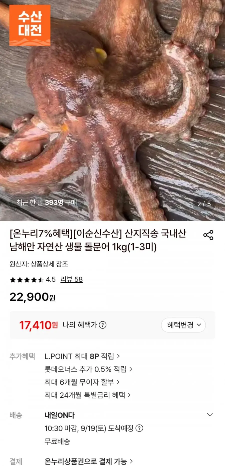 남해 자연산 생물 돌문어 1키로 (1-3미)