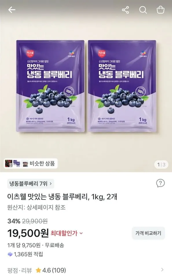 이츠웰 맛있는 냉동 블루베리 1kg x 2개