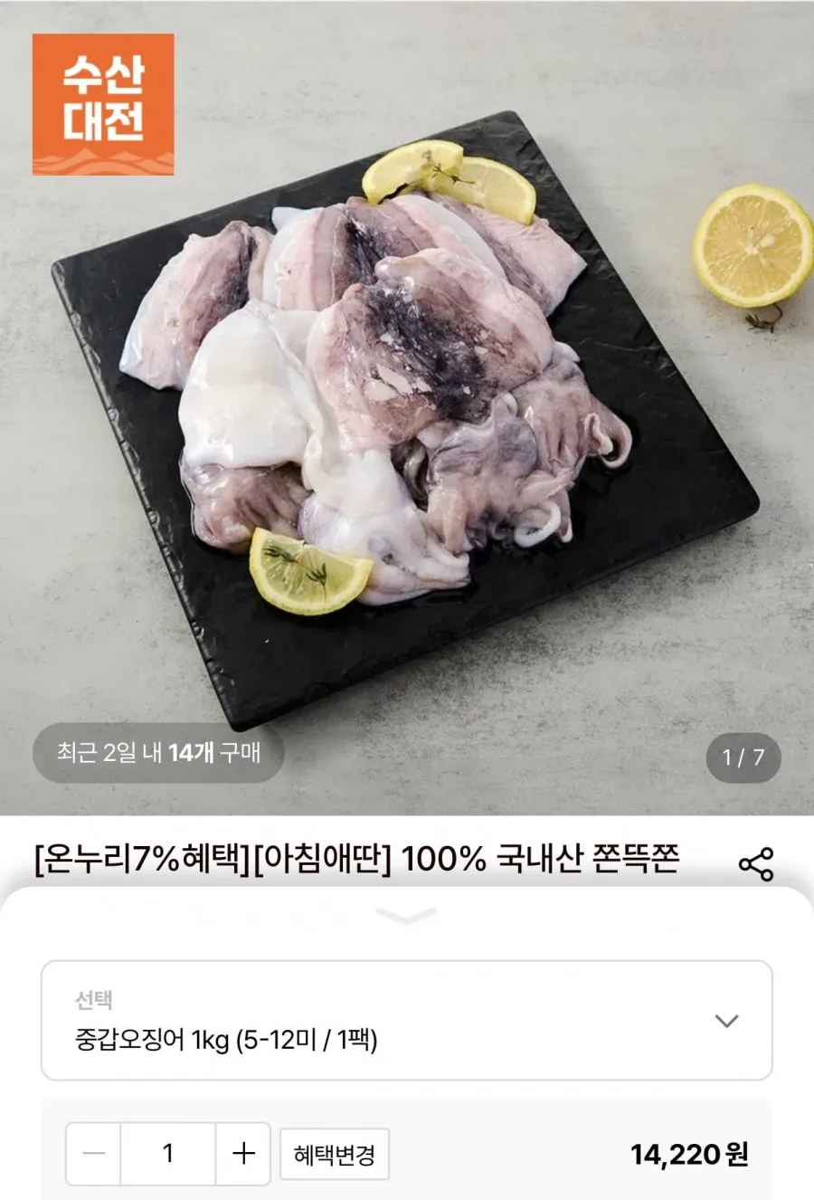 국내산 중갑오징어 1kg 1팩 (5-12미)