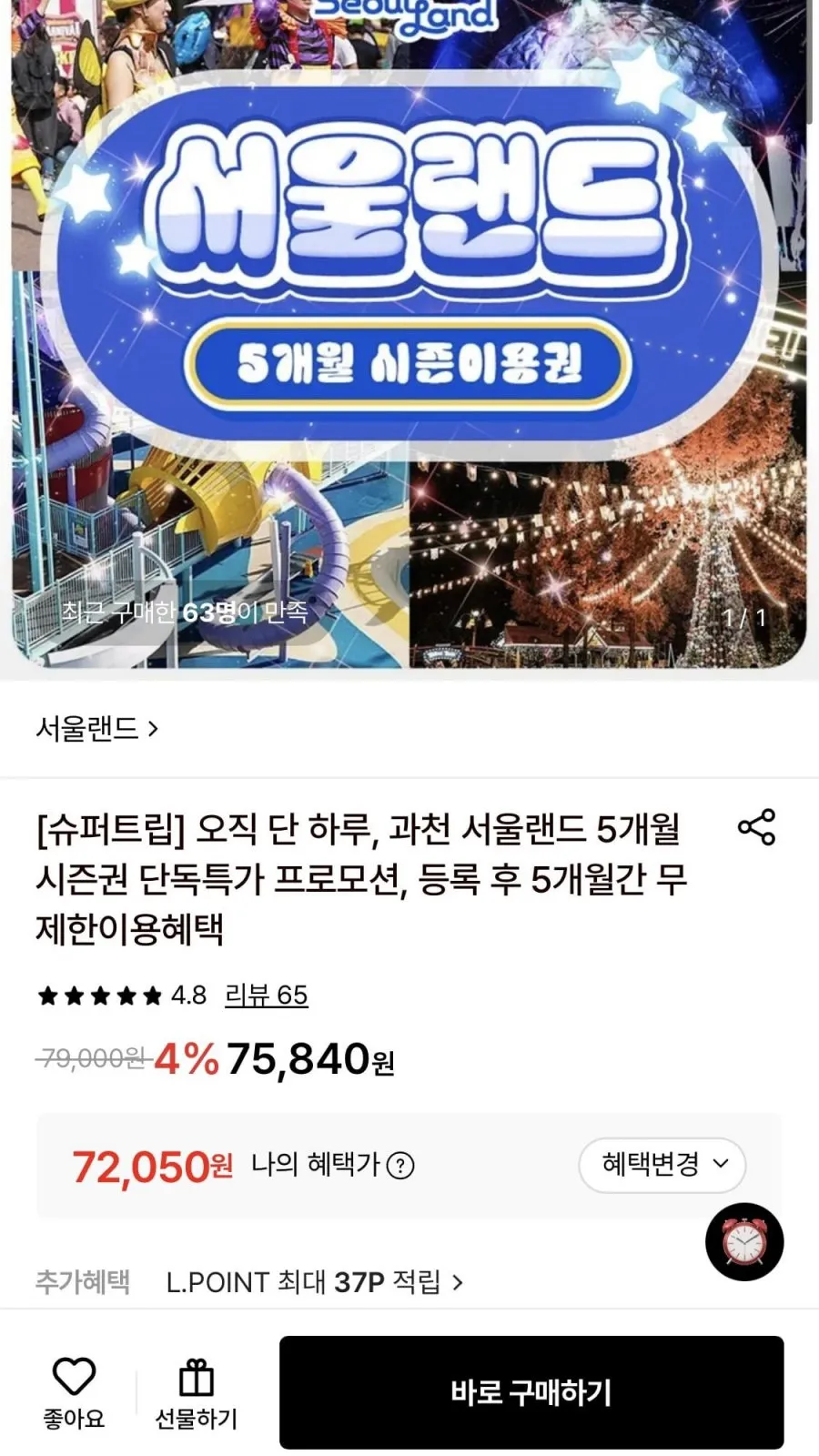 과천 서울랜드 소인 5개월 시즌권