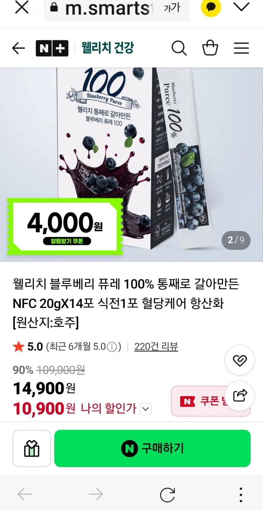 웰리치 통째로 갈아만든 블루베리 퓨레 100 14포