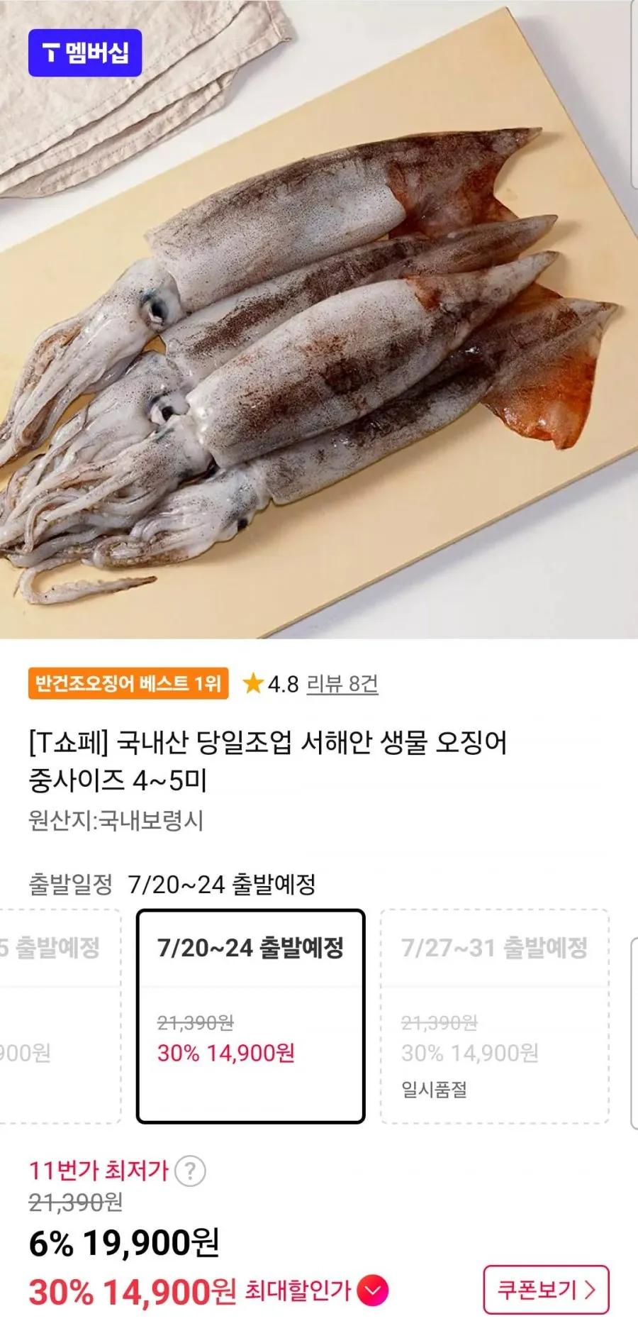 [T쇼페] 국내산 당일조업 서해안 생물 오징어 중사이즈 4~5미