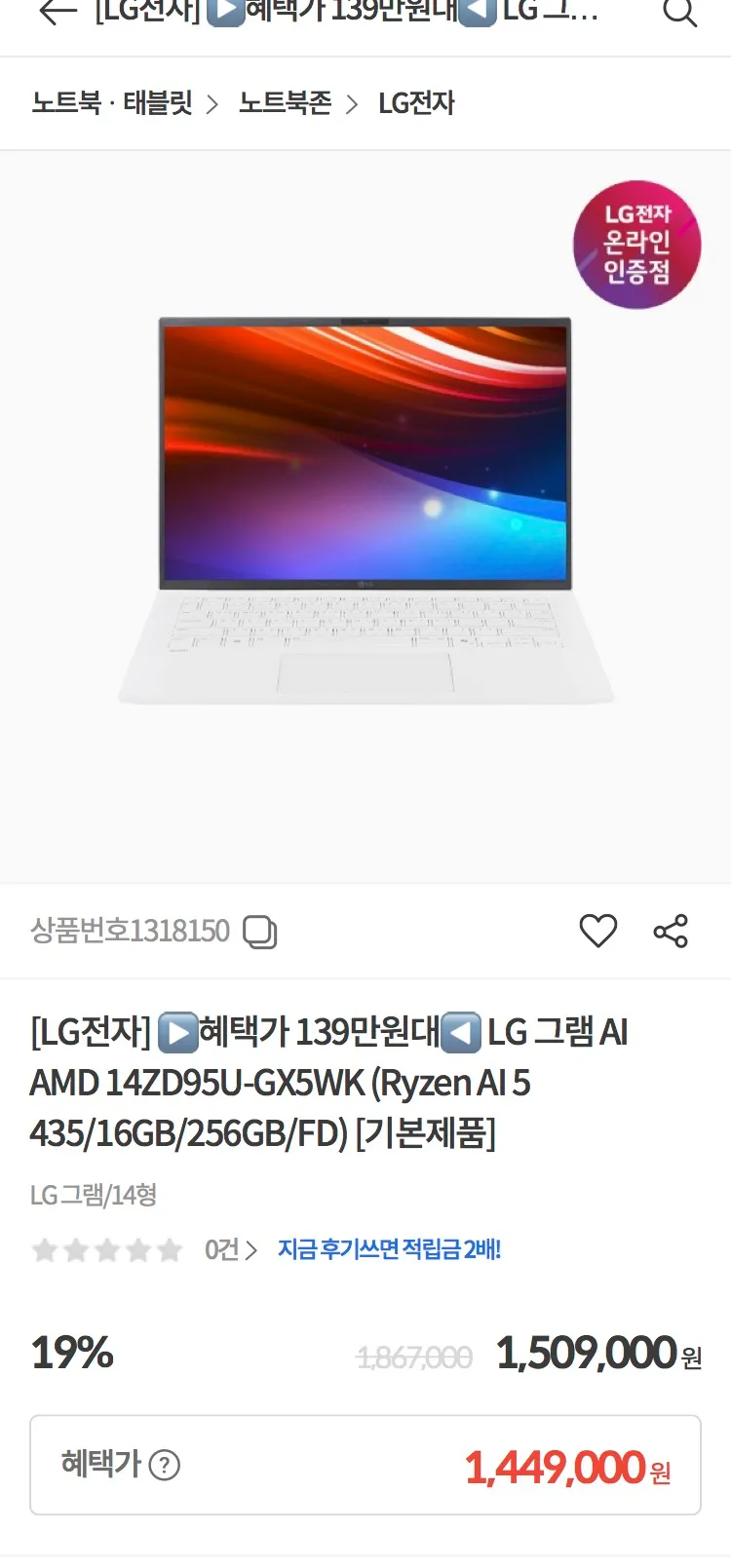 LG 그램 14ZD95U-GX5WK