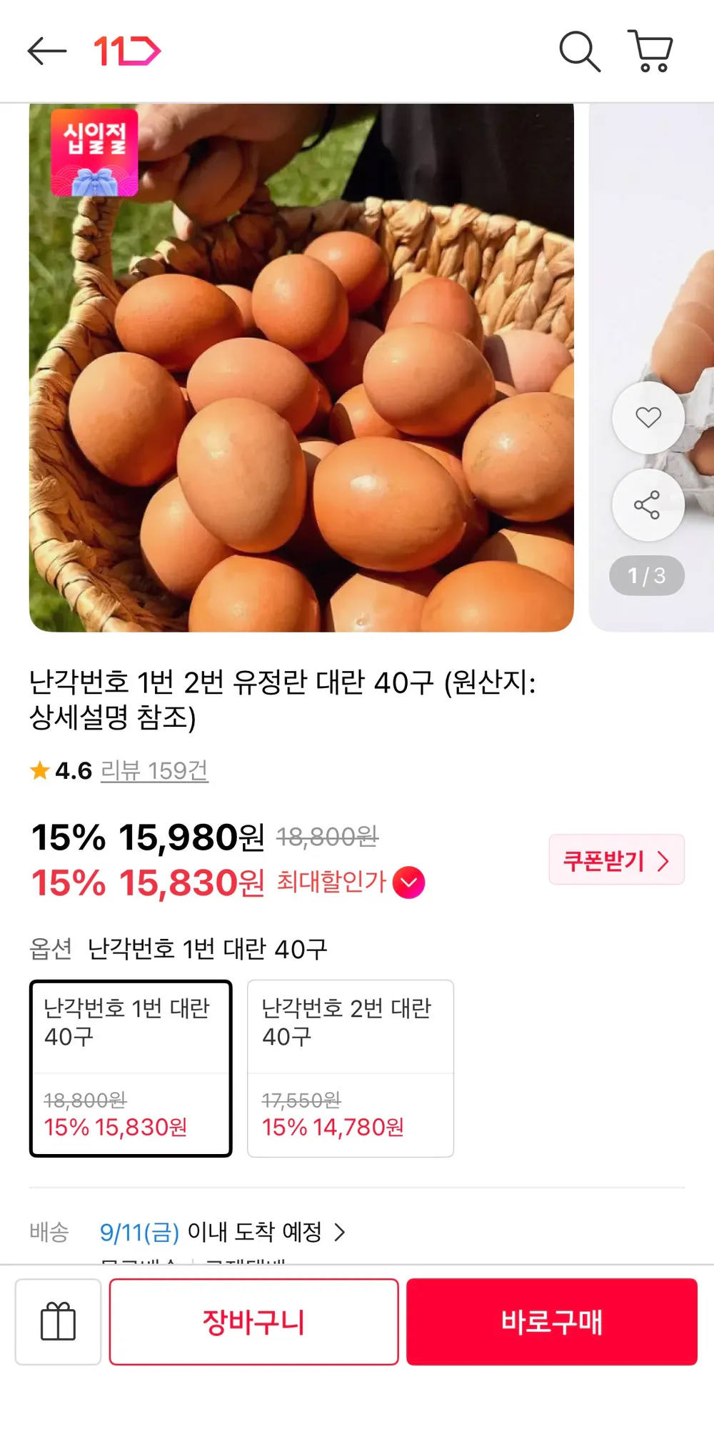 난각번호 1번 유정란 40구