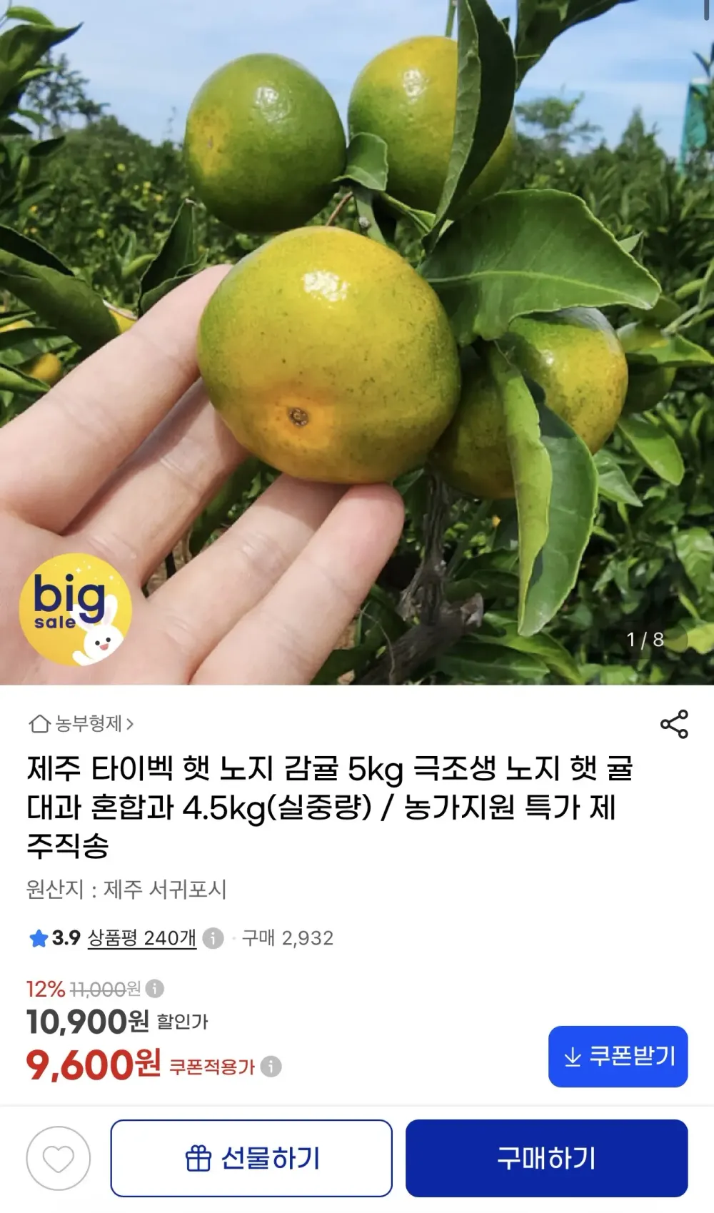 제주 타이벡 햇 노지 감귤 4.5kg