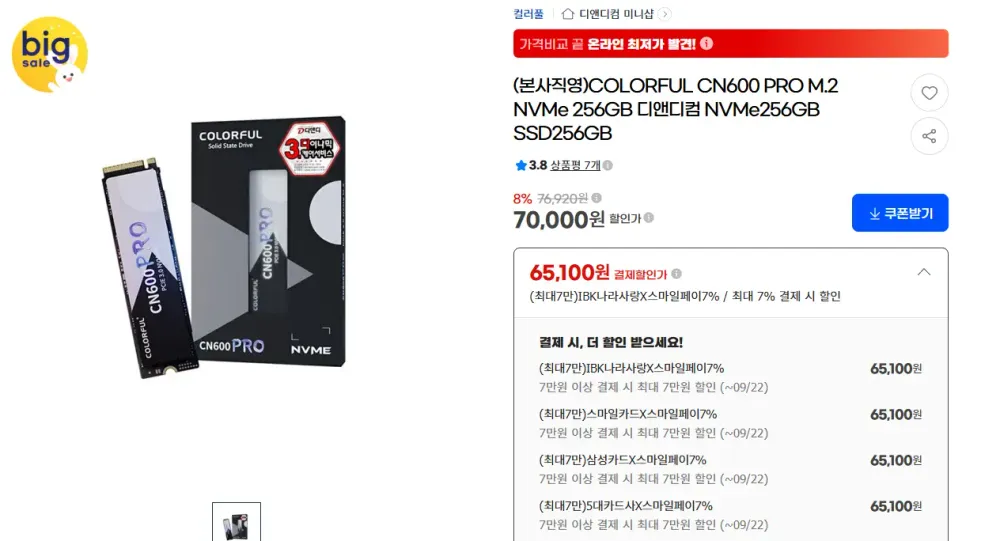 진짜원가이하 COLORFUL CN600 PRO M.2 NVMe 256GB