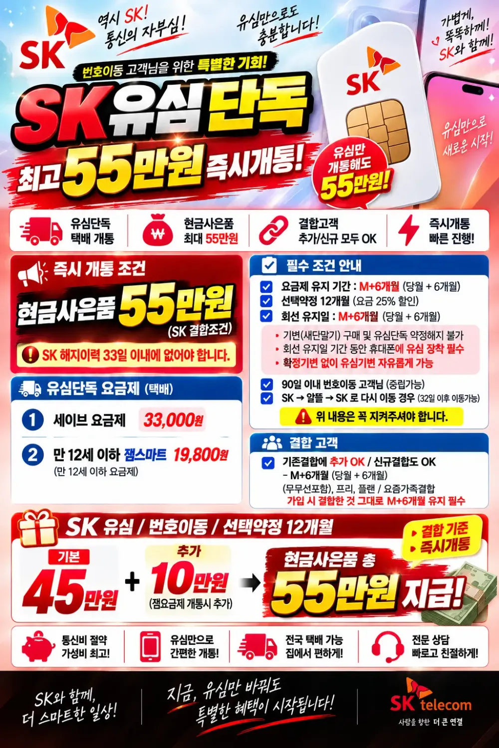 SK 유심 번호이동 최대 55만원 현금 지급 놓치지 마세요.