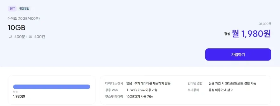 평생 10G/ 400분 / 400건
