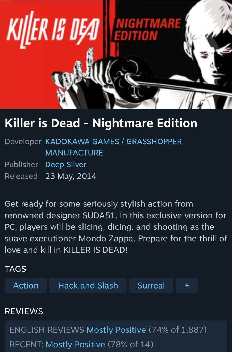 스팀] Killer is Dead 90% 세일