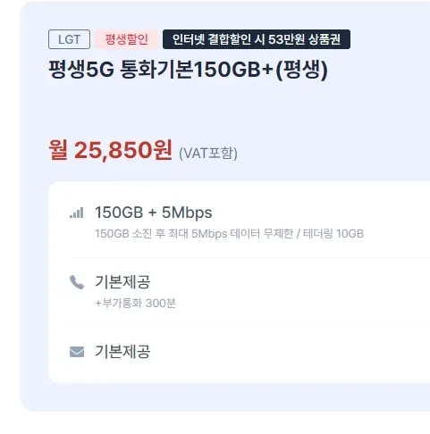 기본데이터 150GB + 5Mbps 알뜰요금